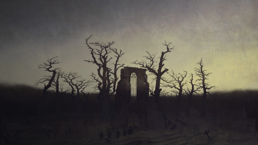 The Abbey in the Oak Forest, animation of the picture, the onset of night stars in the sky