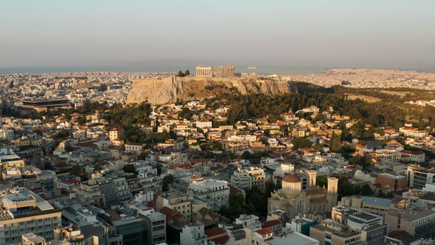 Aerial View Of Parthenon And The City of Athens At Sunset In Greece. Royalty-Free Stock Footage #1087849145