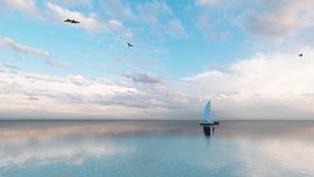 Low angle sea level view of small yacht boat sailing in calm open sea at cloudy sky. 4K Video. 