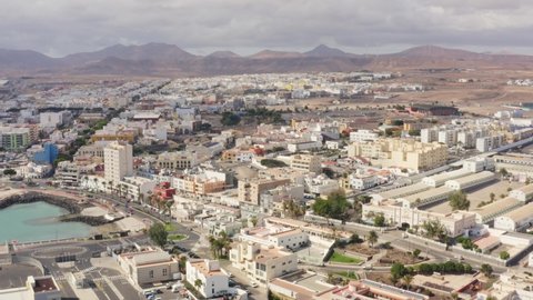 Aerial drone flight over the capital of Fuerteventura Puerto del Rosario