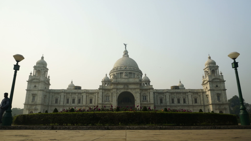 Timelapse video of Victoria Memorial view, large marble building in Central Kolkata, The British made memorial lies on the Maidan and is one of the famous monuments of Kolkata, West Bengal, India.
