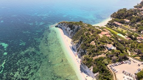 Elba Island, Italy. Amazing downward aerial view from drone of Capo Bianco Beach near Portoferraio