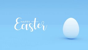 White rolling egg on a blue background. Happy Easter, traditional spring holiday creative concept