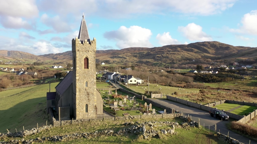 Aerial view of the Church of Ireland in Glencolumbkille - Republic of Ireland