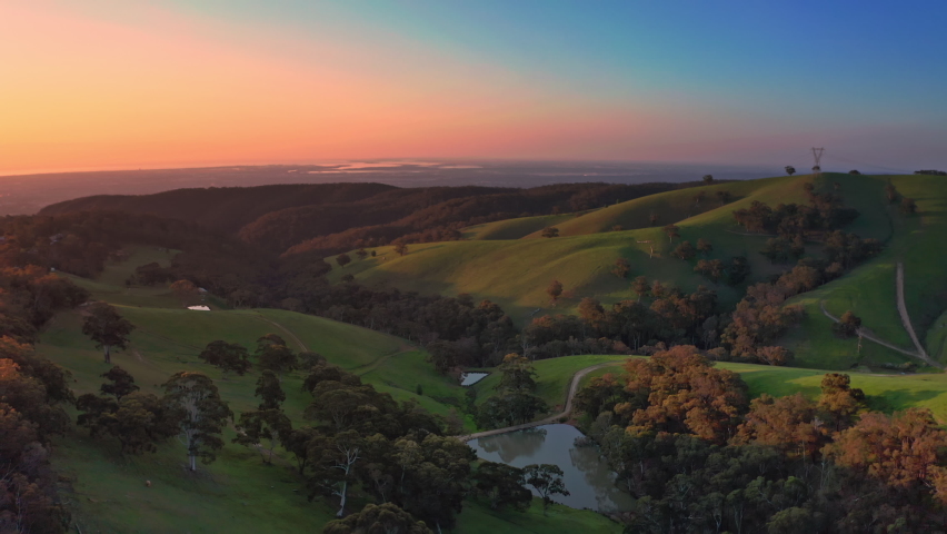 Countryside hills of Adelaide evening aerial view. Australia nature