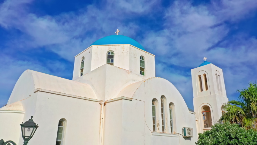 Greek church with christian cross. Religion and tradition of Greece Aegean sea