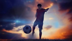 Animation of dust floating caucasian soccer player at sunset. global sports and competition concept digitally generated video.