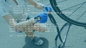 Animation of data processing over caucasian man repairing inner tube of bike tyre outdoors. global connections, communication, fitness and healthy lifestyle concept digitally generated video. - Powered by Shutterstock - Get 15% off with code: PIKWIZARD15