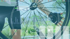 Animation of interface with data processing over caucasian man repairing bike wheel outdoors. global connections, communication, fitness and healthy lifestyle concept digitally generated video. - Powered by Shutterstock - Get 15% off with code: PIKWIZARD15