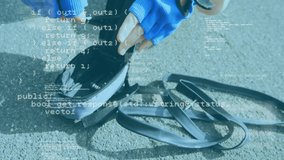 Animation of data processing over caucasian man repairing inner tube of bike tyre outdoors. global connections, communication, fitness and healthy lifestyle concept digitally generated video. - Powered by Shutterstock - Get 15% off with code: PIKWIZARD15