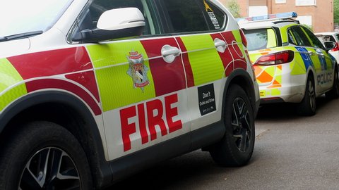 Norwich, Norfolk, United Kingdom. Circa 2021. Police car. Norfolk Fire Service Response car attending St Martins Housing Trust Bishopbridge House, Norwich, for emergency incident.