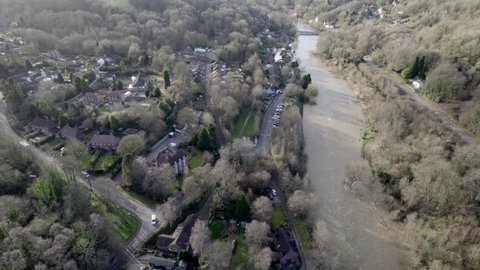 Ironbridge gorge river Severn in flood aerial point of view