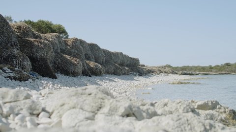 Seagrass Posidonia on the Mediterranean beach with crystal blue water, 4K slider footage in Dugi otok, Croatia