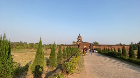 Ultra wide shot of people visiting Ancient Hindu temples of Malla Dynasty at Bishnupur, West Bengal, India.
