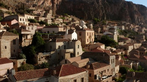 Traditional Houses In The Medieval Castle Town Of Monemvasia In Laconia, Greece - aerial drone shot