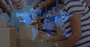 Animation of financial data processing and world map over diverse volunteers in warehouse. global shipping, delivery and connections concept digitally generated video.