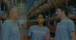 Animation of financial data processing over diverse volunteers in warehouse. global shipping, delivery and connections concept digitally generated video.