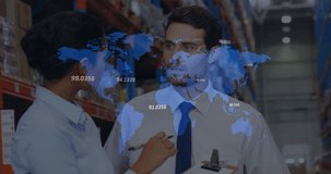 Animation of data processing and world map over people in warehouse. global shipping, business and finance concept digitally generated video.