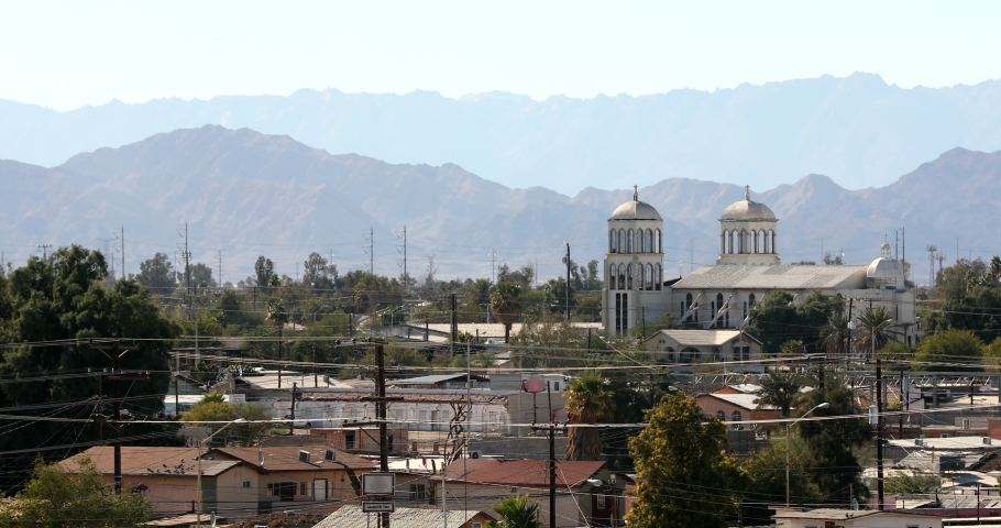 Daytime city view of historic downtown Mexicali, Baja California, Mexico.