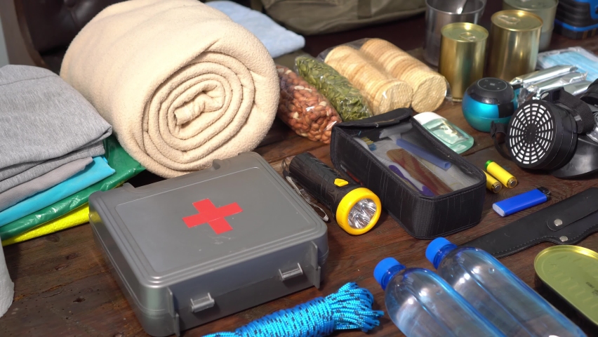 Emergency Survival Kit. Emergency Preparedness Kit. Disaster management includes preparing a disaster kit that can be contained in a go bag Royalty-Free Stock Footage #1087866075