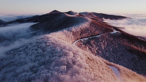 Sunrise drone footage of frosted trees high up in the Appalachian mountains of North Carolina.