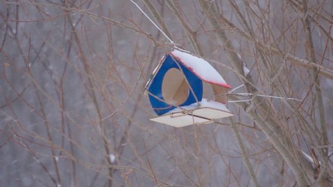 Wooden hand made big birdhouse. Bird and small animal feeder in winter forest. Slow motion
