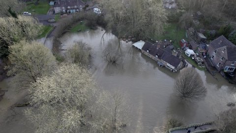 Flooded fields and houses river Seven in Ironbridge England 2022