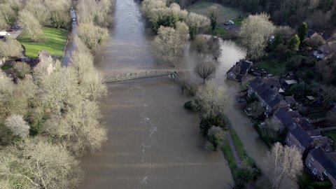 Houses flooded in UK river Severn ironbridge England UK drone footage