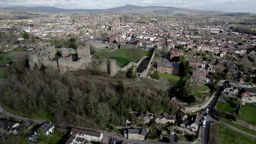 Ludlow Castle UK panning drone shot winter 2022 Royalty-Free Stock Footage #1087870899