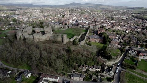 Ludlow Castle UK panning drone shot winter 2022