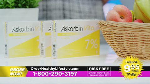 TV Show Product Infomercial: Professional Picks Up Presents Package with Health Care Medical Vitamin Supplements. Showcasing Beauty Dietary Products. Playback Television Commercial Advertisement