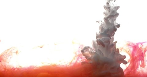 Red and white color paints ink drops in water in grey background, slow motion of beautiful paint abstract falling. 4K.