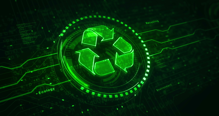 Recycling icon, waste data managment and sustainable industry symbol abstract digital concept. Network, cyber technology and computer background seamless and looped animation.
