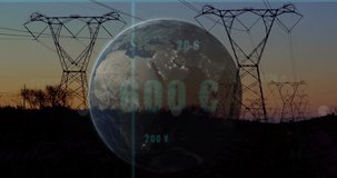 Animation of globe over pylons and data processing. ukraine crisis and international politics concept digitally generated video.