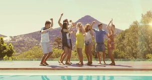 Animation of dancing woman icon over smiling caucasian group of friends dancing by pool. dance day and celebration concept digitally generated video.