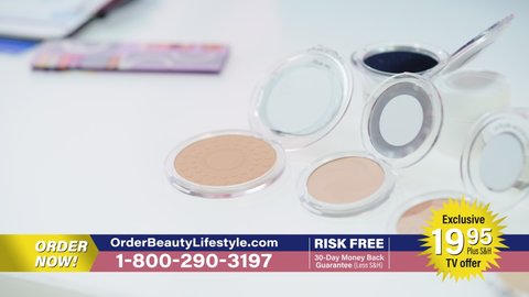 TV Shop Beauty Show Infomercial: Close-up Selection of Organic Blush Foundation Palettes, Present Best Products, Cosmetics. Playback Television Commercial Advertisement. Internet Social Media Channel