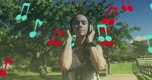 Animation of note icons over biracial woman listening to music with scooter in park. health and fitness concept digitally generated video.