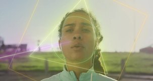 Animation of shapes moving over biracial woman breathing in park. health and fitness concept digitally generated video.