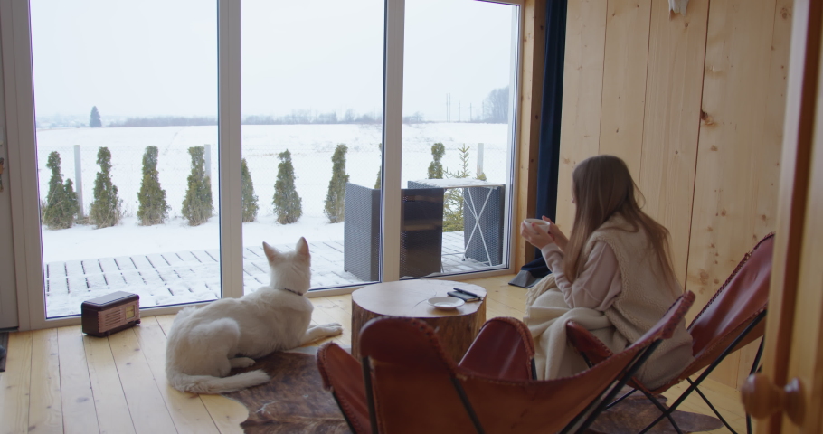 girl sitting on a leather chair drinks tea looks through large panoramic windows at the snow nearby large white dog rest in a hunting lodge house in winter