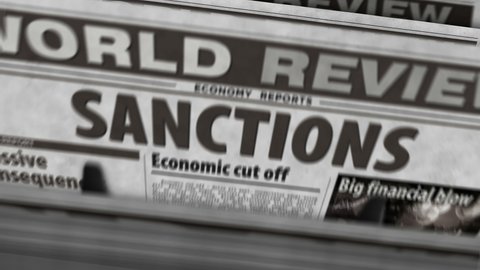Sanctions, economy blockade, politics and embargo news daily newspaper report printing. Abstract concept retro 3d rendering seamless looped.