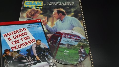 Rome, Italy - 02 March 2022, detail of the cover of the insert Ciak narrates and detail of the cover and DVD of the film by Carlo Verdone and Margherita Buy, Cursed the day I met you.