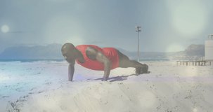 Animation of spots over african american man exercising at beach. health and fitness concept digitally generated video.