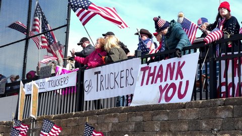 DAYTON, OHIO - MARCH 3: Signs supporting trucker convoy heading to US Capitol of Washington DC in Dayton, Ohio on March 3, 2022.