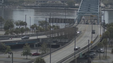 Jacksonville, Florida USA - February 12, 2022: Light Traffic and Hart Bridge in Jacksonville, Florida