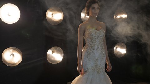 Bride in luxurious gown stands in smoke against illumination