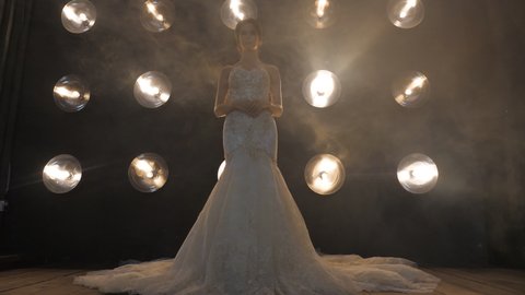 Bride in luxurious wedding gown stands surrounded by smoke