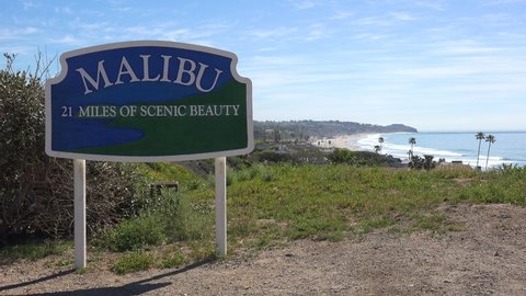 CALIFORNIA - CIRCA A sign welcomes visitors to Malibu, California with 21 miles of scenic beauty.