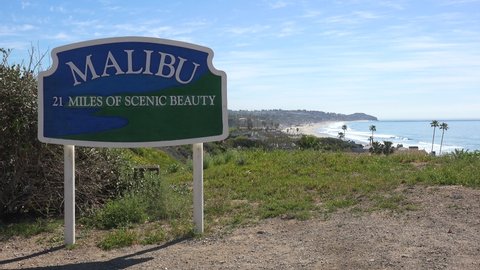 CALIFORNIA - CIRCA A sign welcomes visitors to Malibu, California with 21 miles of scenic beauty.