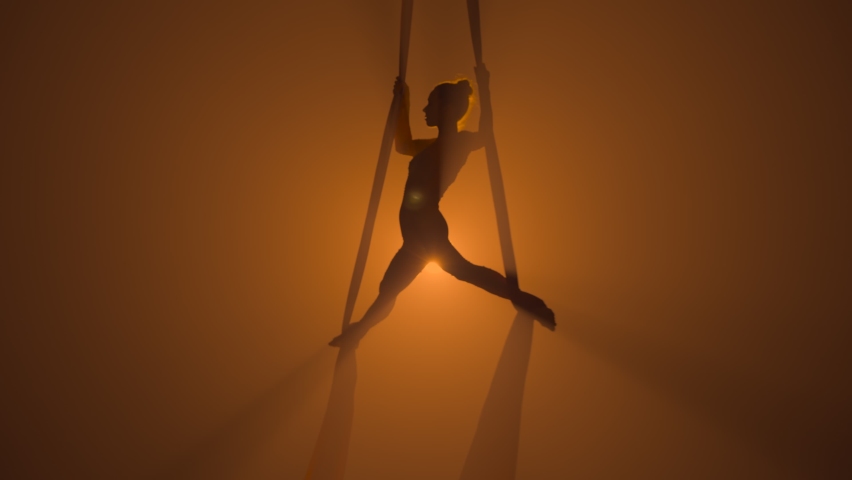Silhouette of a graceful aerial gymnast performing acrobatic stunts and twine on aerial silk. A young woman performs with circus show at a height against a smoky dark backlit background. Slow motion. Royalty-Free Stock Footage #1087895781