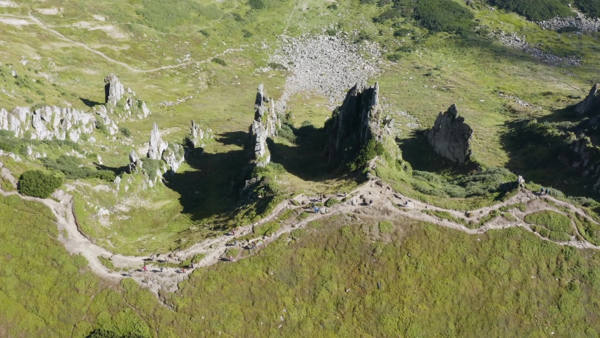 A view from a drone on the famous Rocks of the Hajina tract, Ribs - a popular place among tourists for the Montenegrin ridge in the Carpathian mountains, Ukraine.